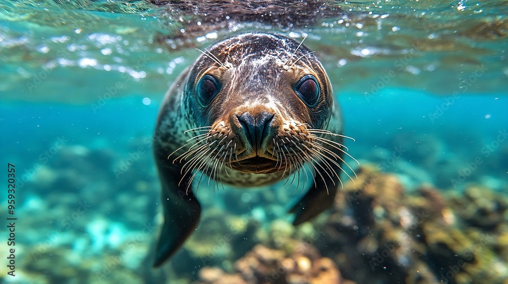 Fototapeta premium Galapagos fur seal Arctocephalus galapagoensis swimming at camera in tropical underwaters Lion seal in under water world Observation of wildlife ocean Scuba diving adventure in Ecuador : Generative AI