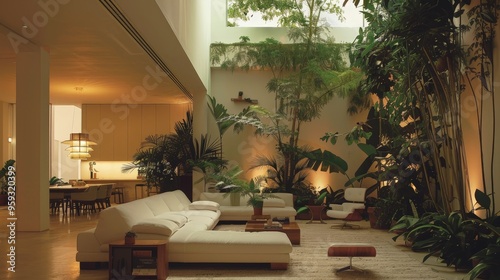 A beautifully designed living room by Luis Barragan, enclosed by lush greenery. The white walls and cosy warm lights enhance the modern furniture, creating a serene ambiance.  photo