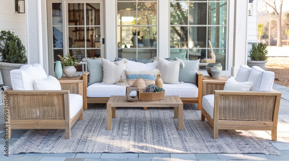 Fototapeta premium A beautifully designed outdoor living room with weather-resistant furniture, decorative pillows, and an outdoor rug.