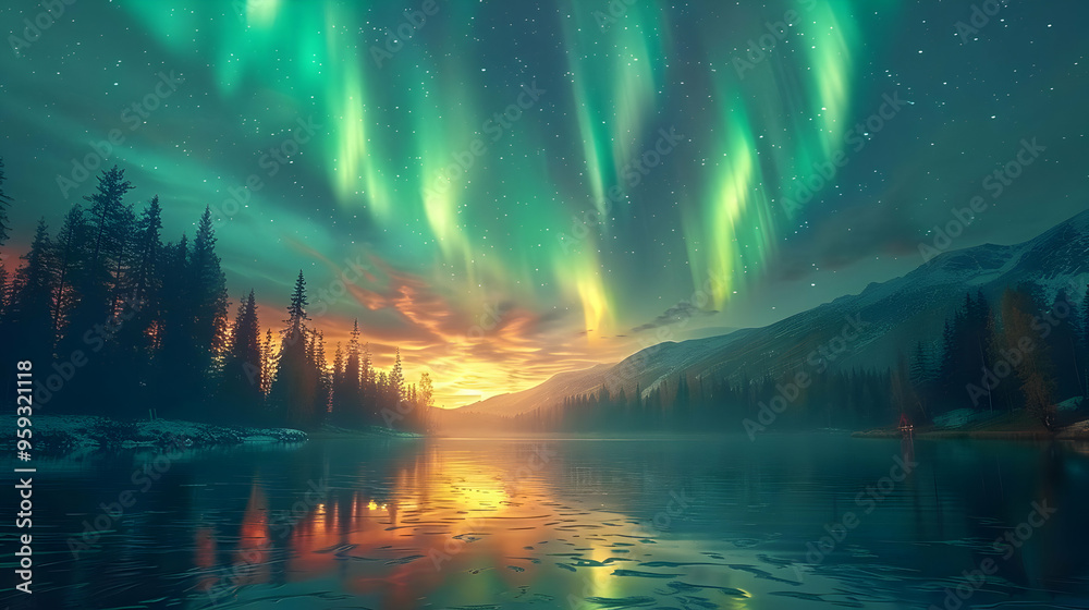 Aurora Borealis Reflecting in a Still Lake - Illustration Aurora Borealis Reflecting in a Still Lake - Illustration