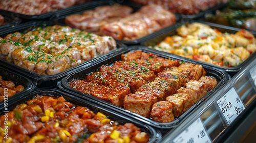 Meats in marinade on supermarket display precooked food : Generative AI