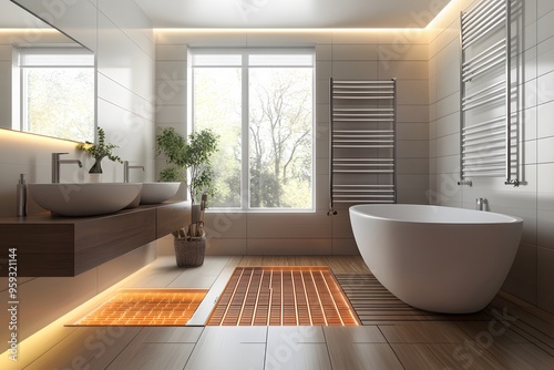 Modern Bathroom with Freestanding Tub, Heated Floor, and Large Window photo