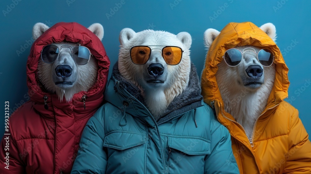 Colorful Polar Bear Trio in Sunglasses and Winter Attire on Light Blue Background Colorful Polar Bear Trio in Sunglasses and Winter Attire on Light Blue Background