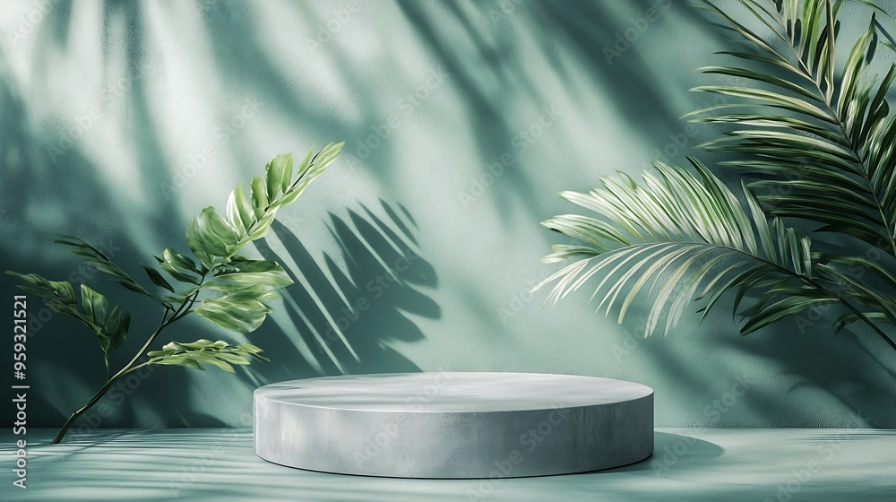 Minimal abstract background for the presentation of a cosmetic product Premium podium with a shadow of tropical palm leaves on a pastel green wall and gray table Showcase display case : Generative AI Minimal abstract background for the presentation of a cosmetic product Premium podium with a shadow of tropical palm leaves on a pastel green wall and gray table Showcase display case : Generative AI