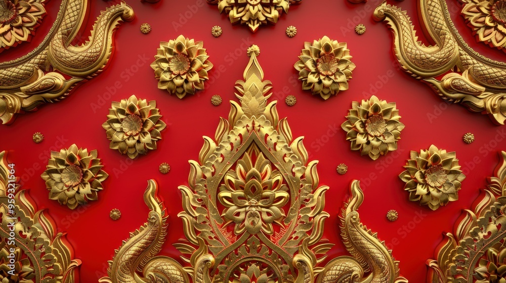 Golden Floral and Dragon Pattern on Red Background Golden Floral and Dragon Pattern on Red Background