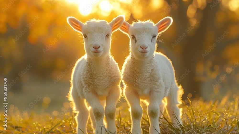 Adorable white baby goats standing on lush green lawn Adorable white baby goats standing on lush green lawn