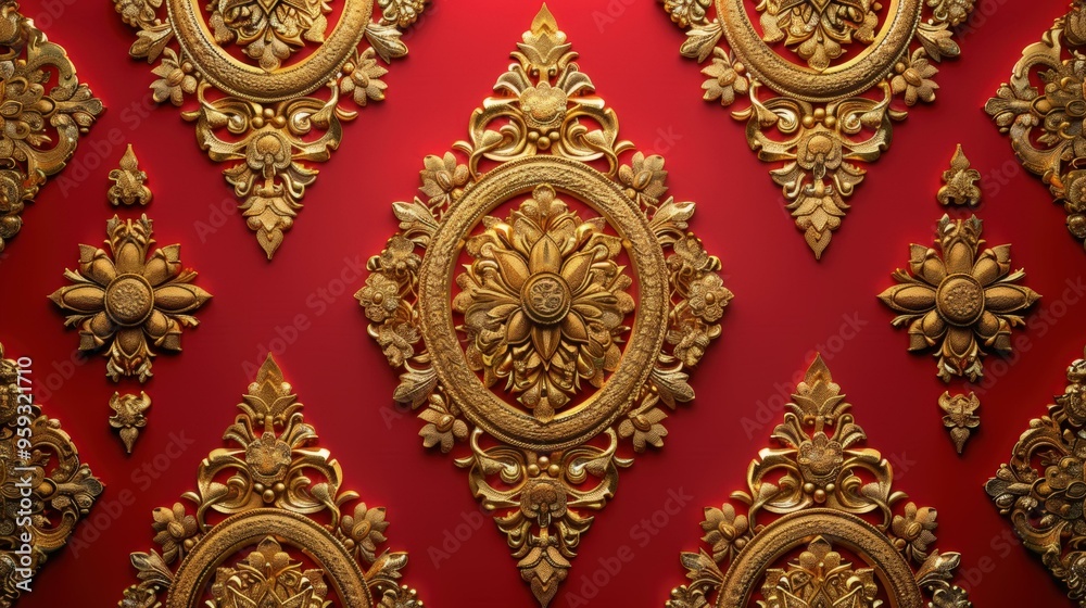 Golden Ornate Floral Pattern on Red Background Golden Ornate Floral Pattern on Red Background