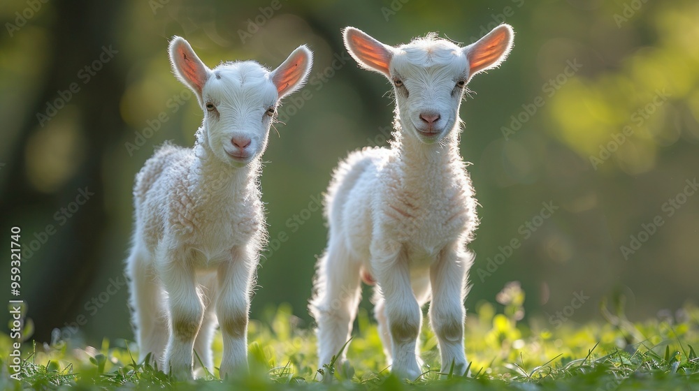 Adorable white baby goats standing on lush green lawn Adorable white baby goats standing on lush green lawn