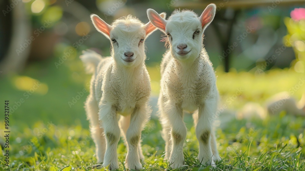 Obraz premium Adorable white baby goats standing on lush green lawn