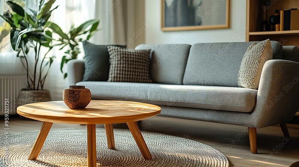 Interior of modern living room with grey sofa armchair and wooden coffee table : Generative AI Interior of modern living room with grey sofa armchair and wooden coffee table : Generative AI