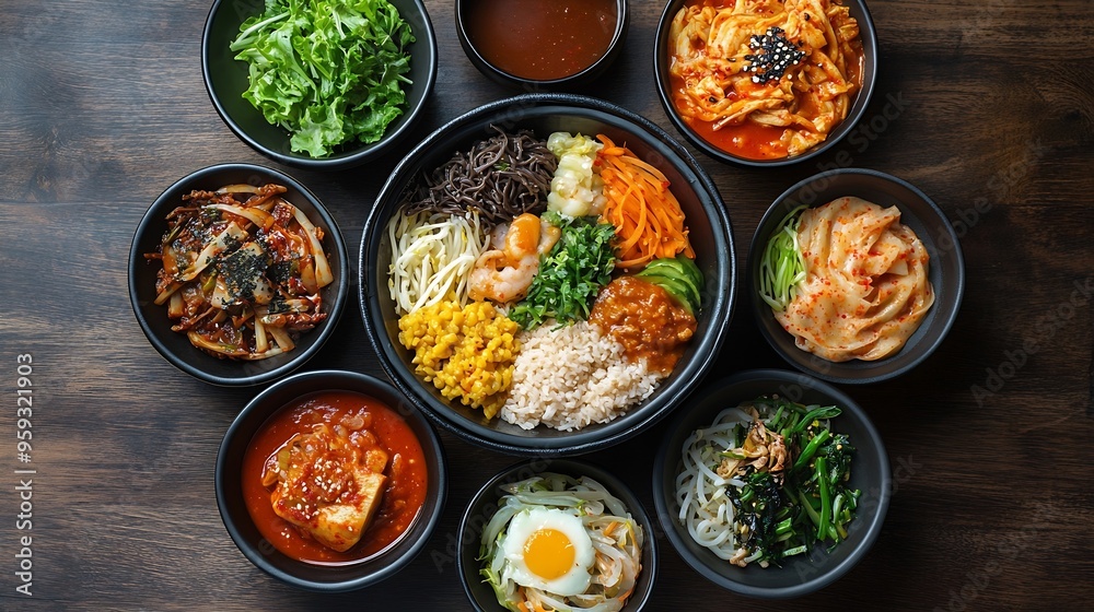 Various Korean dishes including japchae bap bibimbap and sundubujjigae in a Korean restaurant from above : Generative AI Various Korean dishes including japchae bap bibimbap and sundubujjigae in a Korean restaurant from above : Generative AI