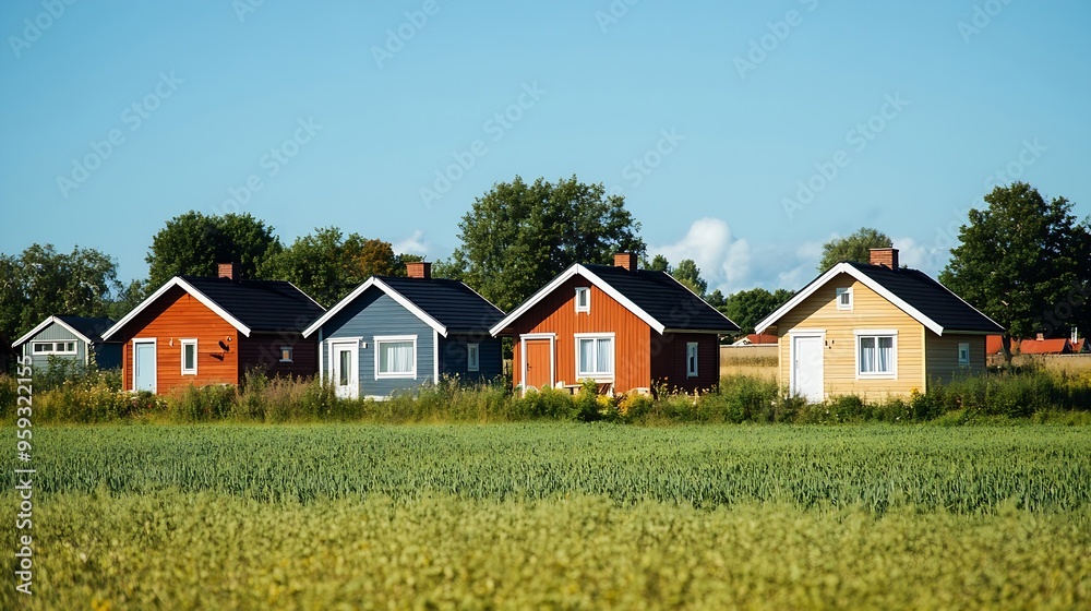 Perspective view of several small houses standing in row in rural environment against blue sky on sunny day : Generative AI Perspective view of several small houses standing in row in rural environment against blue sky on sunny day : Generative AI