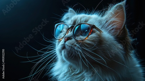 Fashionable White Furry Cat with Eyeglasses in Studio Neon Light: Luxurious Domestic Kitty Poses on Black Background