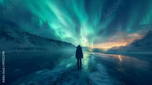 Silhouette of Person Walking on Frozen Lake Under Aurora Borealis - Realistic Image