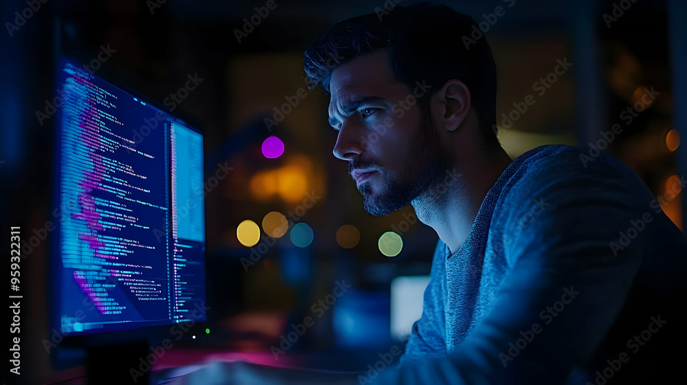 A programmer works late at night, focusing intensely on his computer screen filled with code. A programmer works late at night, focusing intensely on his computer screen filled with code.
