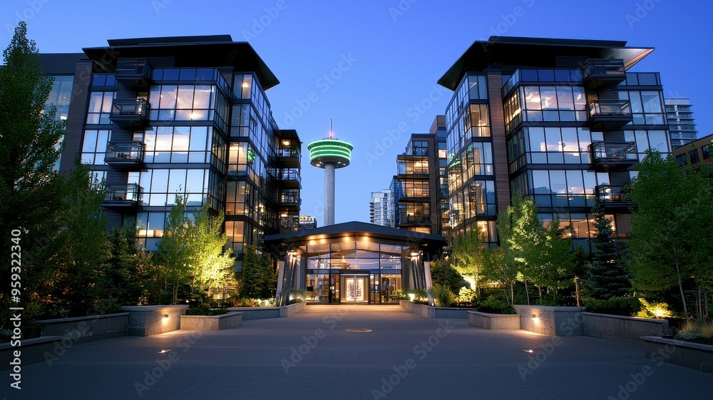Fototapeta premium Modern apartment buildings illuminated at dusk, showcasing sleek architecture and vibrant greenery in an urban environment.