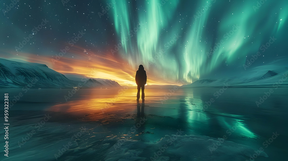 A Man Standing on a Frozen Lake with the Aurora Borealis and Stars in the Sky - Photo