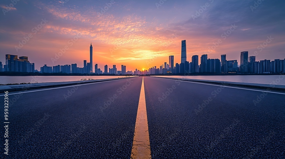 Asphalt road and city skyline with modern building at sunset in Suzhou Jiangsu Province China High Angle view : Generative AI Asphalt road and city skyline with modern building at sunset in Suzhou Jiangsu Province China High Angle view : Generative AI