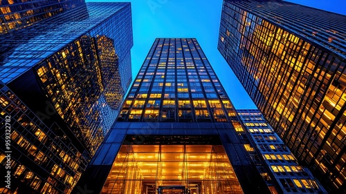 Wallpaper Mural Stunning urban skyline at dusk, featuring modern skyscrapers with illuminated windows against a vibrant blue sky. Torontodigital.ca