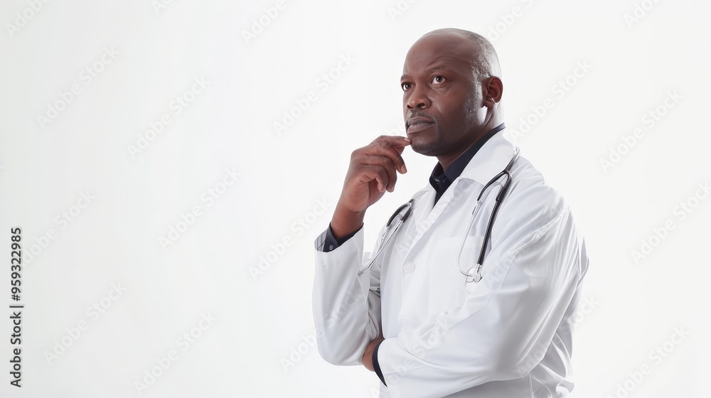 A doctor in a white coat, isolated with a stethoscope in hand, listening attentively. The clinical tools and professional attire underscore their role in patient diagnosis. A doctor in a white coat, isolated with a stethoscope in hand, listening attentively. The clinical tools and professional attire underscore their role in patient diagnosis.