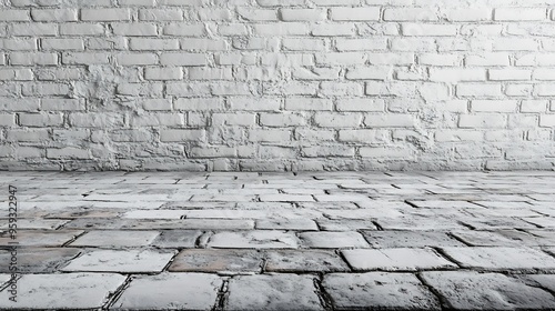 Abstract wide brick  wall texturewhite wall and floor interior backdrop for design art work : Generative AI
