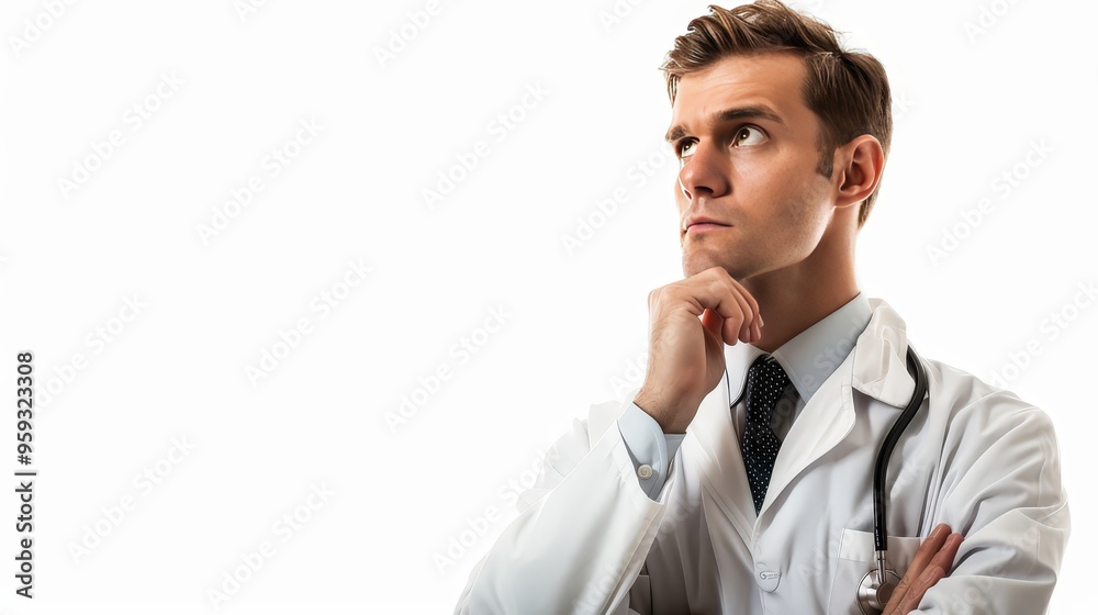 A doctor isolated against a white background, with a hand on their chin, appearing deep in thought. The contemplative pose and professional attire highlight their analytical skills and dedication. A doctor isolated against a white background, with a hand on their chin, appearing deep in thought. The contemplative pose and professional attire highlight their analytical skills and dedication.