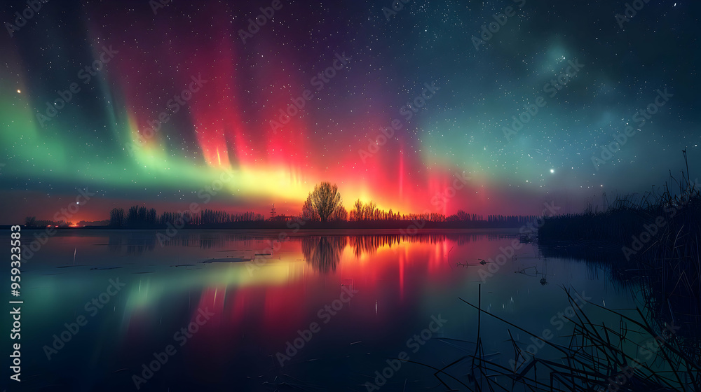 Night Sky with Aurora Borealis and Reflection in Lake - Digital Illustration Night Sky with Aurora Borealis and Reflection in Lake - Digital Illustration
