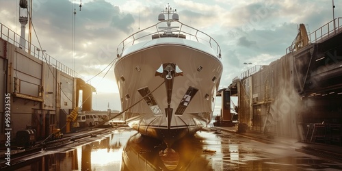 Luxury yacht being serviced in dry dock