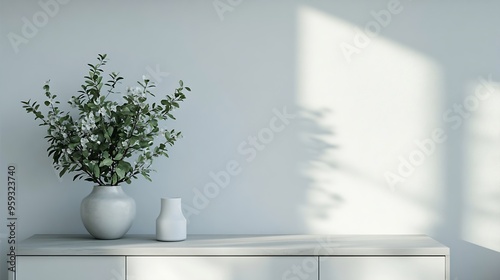 White color wall Background minimal living room interior decor with a TV cabinet : Generative AI