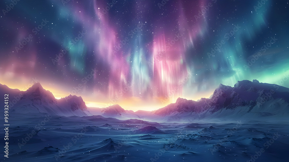 Fototapeta premium Aurora Borealis over Snowy Mountains - Night Sky Landscape Illustration
