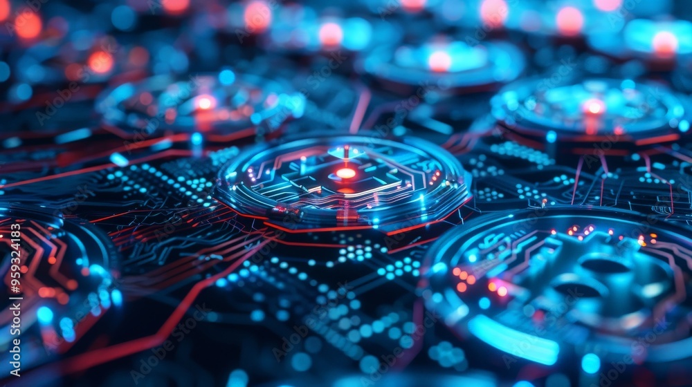 Fototapeta premium A futuristic 3D rendering of a blockchain network with digital coins, illustrating the transparency, security, and decentralized nature of cryptocurrency.