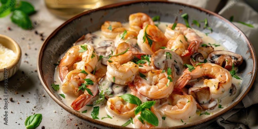 Creamy shrimp and champignon dish served on a plate Creamy shrimp and champignon dish served on a plate