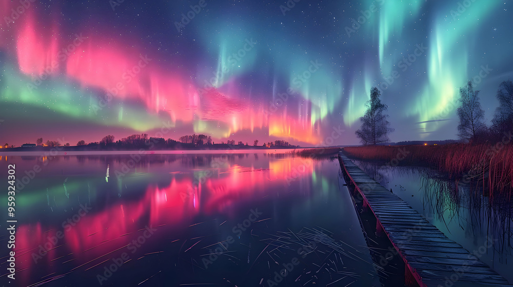 Aurora Borealis Over Lake and Wooden Dock - Digital Painting Aurora Borealis Over Lake and Wooden Dock - Digital Painting