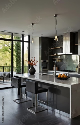 Design a modern kitchen with high-gloss cabinetry, stainless steel appliances, and a central island with seating.