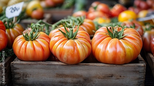 Fresh ripe beefsteak tomatoes with a price tag of 89 EUR a kilo at a local provencal farmers market in the old town or Vieil Antibes South of France : Generative AI