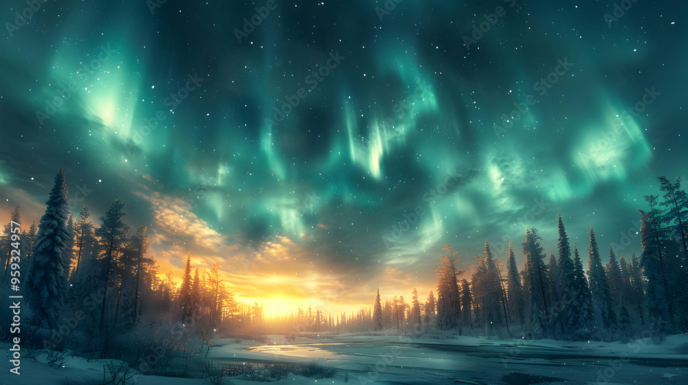 Winter Wonderland Aurora Borealis Landscape Illustration Winter Wonderland Aurora Borealis Landscape Illustration