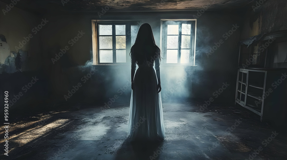 A solitary figure in a long white gown stands in a dusty, dilapidated room, bathed in the ethereal glow of sunlight streaming through a window. A solitary figure in a long white gown stands in a dusty, dilapidated room, bathed in the ethereal glow of sunlight streaming through a window.
