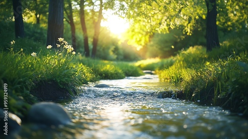 Bright May greens Picturesque landscape with a small river Evening pacifying landscape with a river and trees : Generative AI