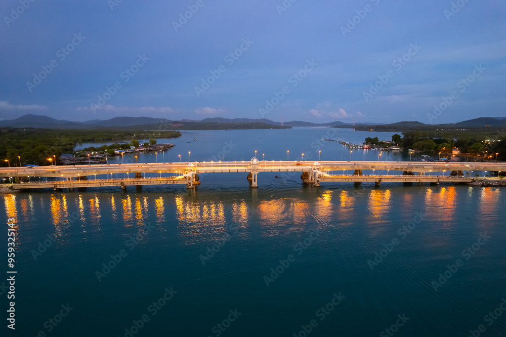 Naklejka premium Aerial view of Sarasin bridge road transportation background concept The bridge is a between Phang Nga and Phuket island Thailand
