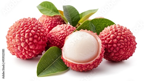 Isolated lychee Whole and peeled lychee fruits with leaves isolated on white background with clipping path : Generative AI