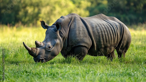 A large onehorned Rhino Grazing lush green grassland in Pobitora Wildlife Sanctuary : Generative AI photo