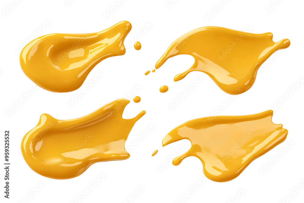 Realistic yellow mustard spots, splashes and drops, isolated cutout set on transparent background Realistic yellow mustard spots, splashes and drops, isolated cutout set on transparent background