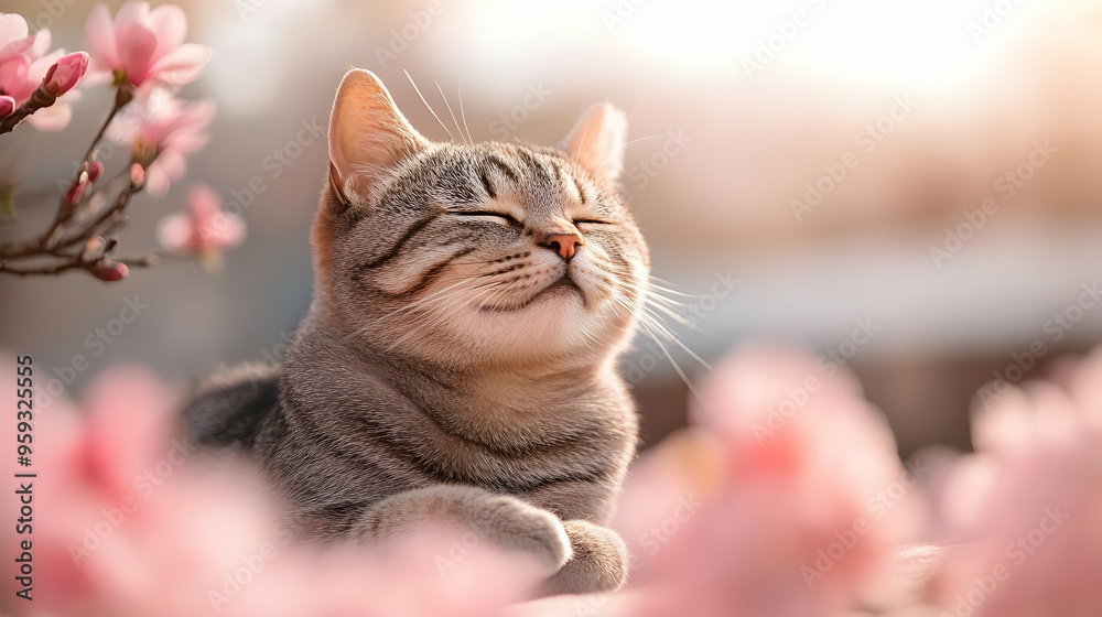 Fototapeta premium A tabby cat with closed eyes, relaxing in the sun, surrounded by pink blossoms.