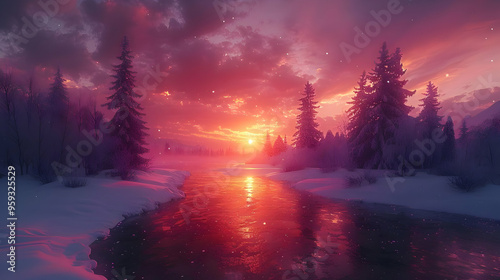 Snowy Forest River Sunset Illustration