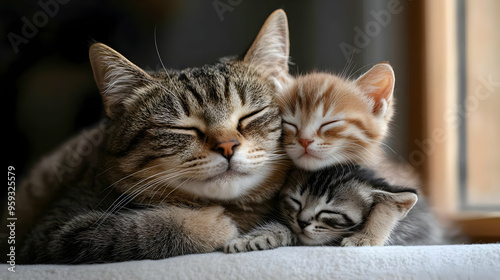 A tabby cat with two kittens sleeping on a white blanket.