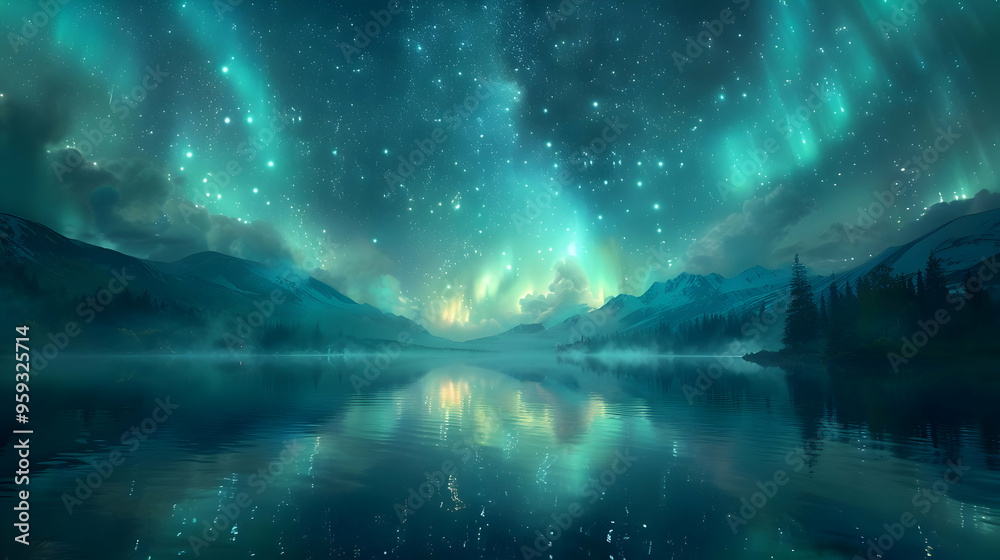 Night Sky Illustration with Green Aurora Borealis Over Mountains and a Lake Night Sky Illustration with Green Aurora Borealis Over Mountains and a Lake