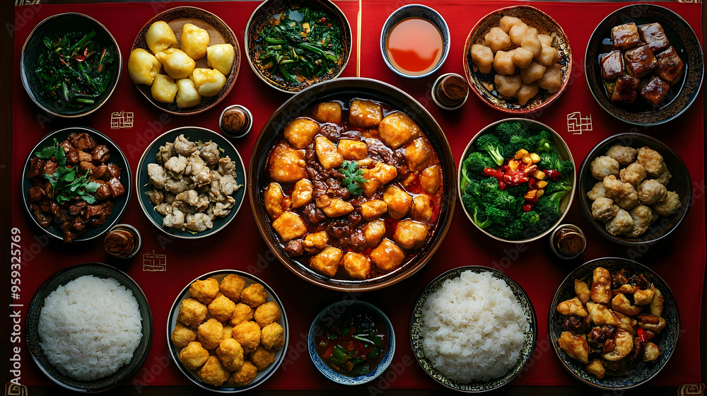 A Traditional Chinese Feast with a Variety of Dishes, Including Steamed Fish, Stir-Fried Vegetables, and Steamed Rice. A Traditional Chinese Feast with a Variety of Dishes, Including Steamed Fish, Stir-Fried Vegetables, and Steamed Rice.
