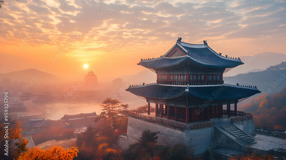 A traditional Korean pagoda sits on a hilltop overlooking a city shrouded in mist at sunrise. A traditional Korean pagoda sits on a hilltop overlooking a city shrouded in mist at sunrise.
