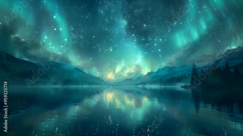 Night Sky Illustration with Green Aurora Borealis Over Mountains and a Lake