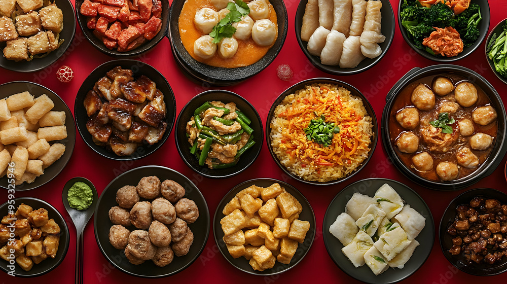 A variety of delicious Chinese dishes, including fried rice, dumplings, meatballs, and vegetables, arranged in a circle on a red background. A variety of delicious Chinese dishes, including fried rice, dumplings, meatballs, and vegetables, arranged in a circle on a red background.